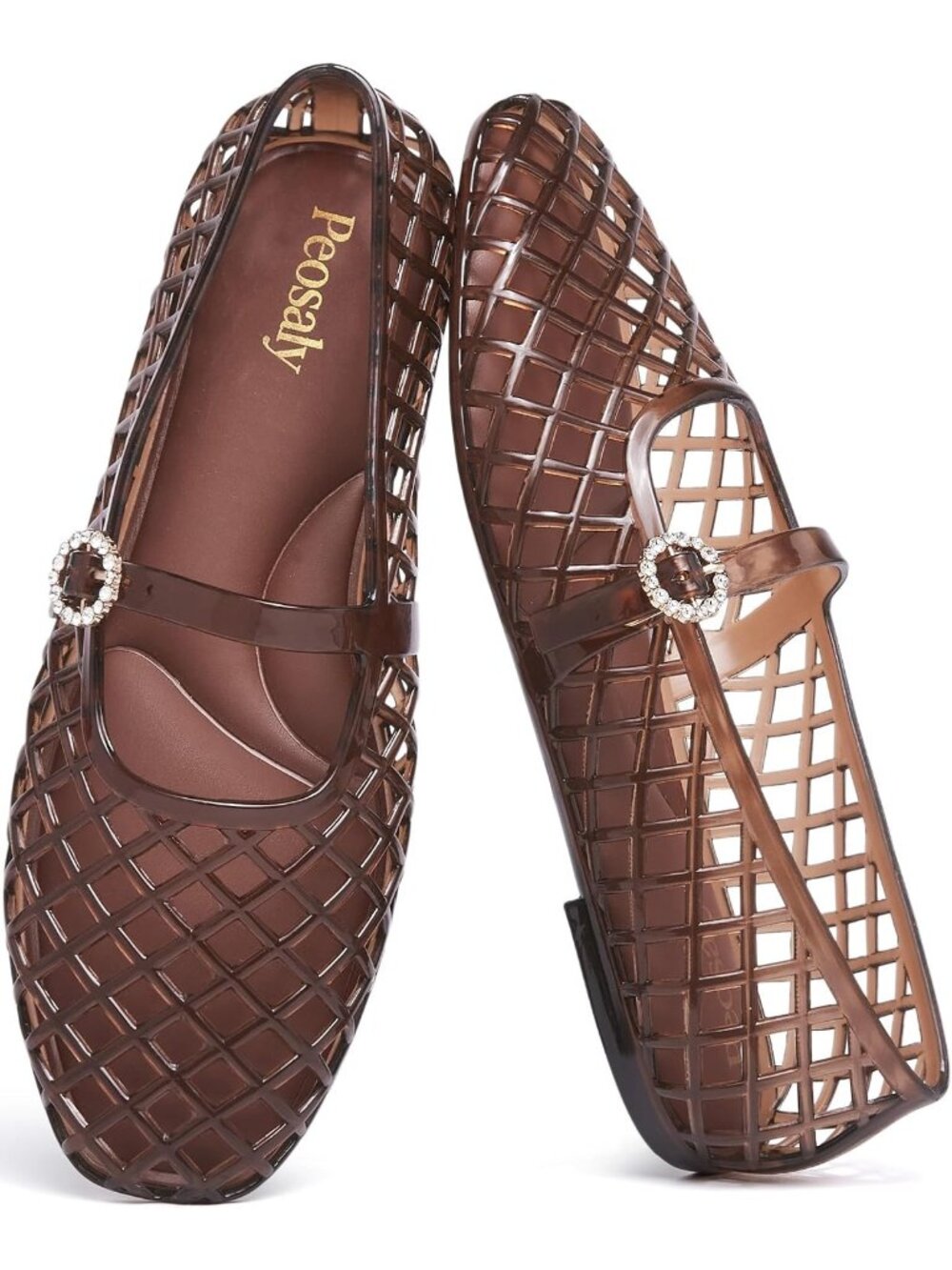 Women's Mary Jan Brown Comfortable Slip On Pointed Toe Jelly Flats Casual Shoes